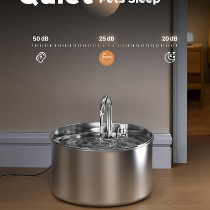 AOOGITF Cat Water Fountain + 8 Filters + 8 Sponges, 304 Stainless Steel Pet Water Fountain, 24 Hours Keep The Water Clean, 74oz Capacity, Ultra-Quiet, No Sputter, Compact, Easy Cleaning