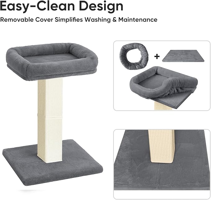 AGYM Cat Scratching Post, 32”Cat Scratcher with Large Plush Perch, Sisal & Carpet Scratching Post, Vertical Posts with Elevated Bed for Indoor Cats, Removable& Washable Cover, Grey