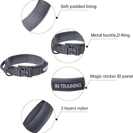 EXCELLENT ELITE SPANKER Tactical Dog Collar Nylon Adjustable Training Collar Military Dog Collar Heavy Duty Metal Buckle with Control Handle for Medium and Large Dogs with Patches(Grey-M)