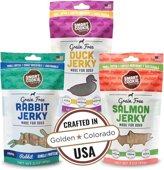 Smart Cookie Jerky Dog Treats - 3 Flavor Variety Pack - Rabbit, Salmon & Duck Jerky - Training Treats for Dogs, Puppies with Allergies, Sensitive Stomachs - Grain Free, Made in USA - 3oz