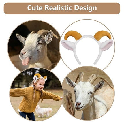 Beviliu Goat Ears Headband with Ram Horns, Animals Ears and Horns Headband, Sheep Ears Custome Lamb Ears Headwear for Halloween Christmas Birthday Party Theme Cosplay Washing Face
