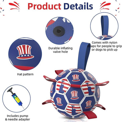 Diman Dog Toy Soccer Ball : Outdoor Dog Toys, Dog's Independence Day Gift, Dogs Soccer Ball with Straps for Tug of War, Pet Birthday Gift for Small Medium (6 Inch)