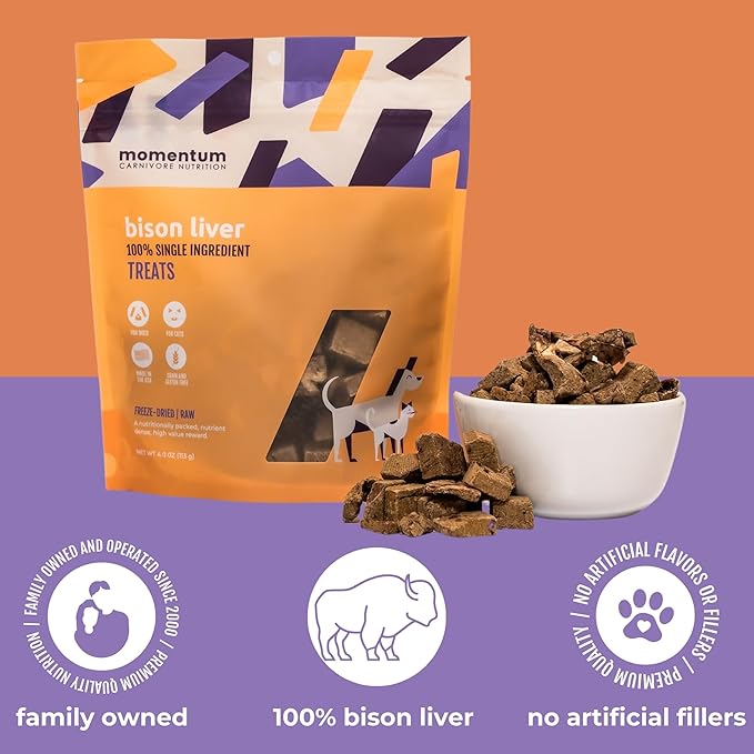 Momentum Carnivore Nutrition Freeze-Dried Bison Liver Dog Treats – Single-Ingredient, Dog & Cat Treats – High-Protein, Grain-Free– 4 oz Pack