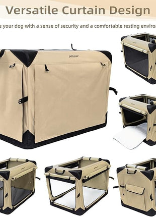 Pettycare 42 Inch Collapsible Dog Crate with Curtains Travel Dog Crate for Airflow and Calm Soft Pet Kennel with Portable Bag and More Chew Proof Mesh Indoor & Outdoor Beige 4 Door Curtains