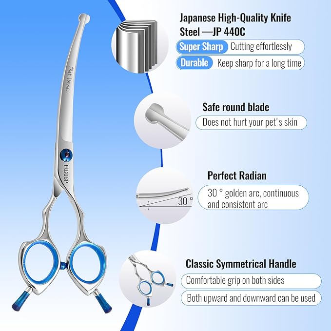 Curved Dog Grooming Scissors with Blunt Tip 6.5 in Safety Curve Shears for Pet Dogs Cat Japan 440C 30°Arc Upward & Downward for Trimming Face and Paws