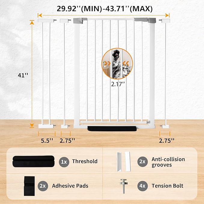 41" Tall Safety Pet Gate,Adjustable 29.92"-43.71" Wide,No Drilling Pressure Mount Kit,Auto Close Cat Gate Suitable for Stairs,Doorways,White (29.92"-43.71" W)