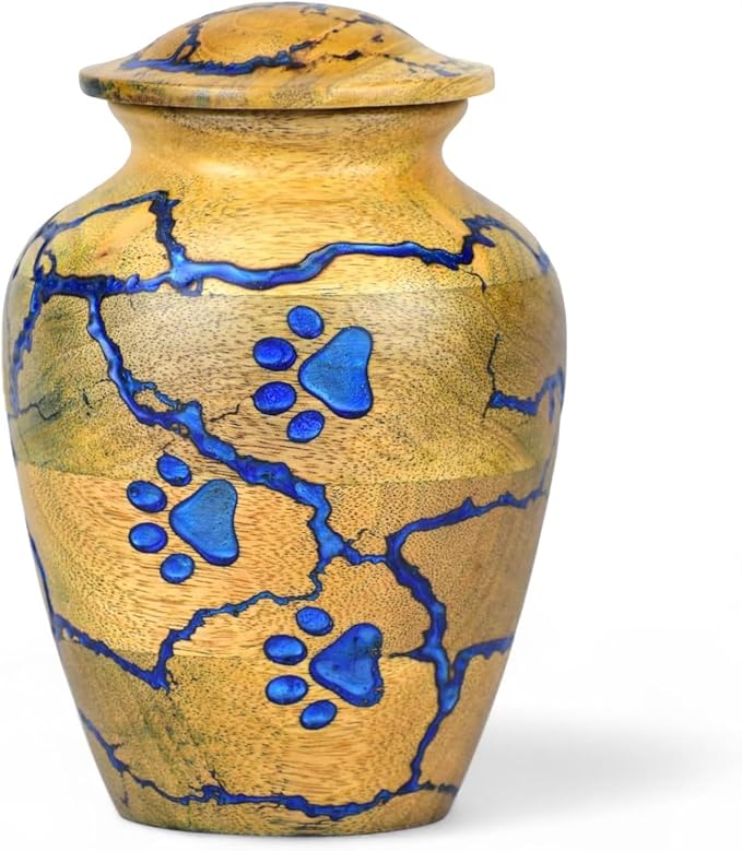Pet Cremation Urn for Ashes with Epoxy Resin Paw Prints – Handcrafted Memorial Keepsake for Dogs & Cats – Decorative Pet Loss Tribute with Secure Lid