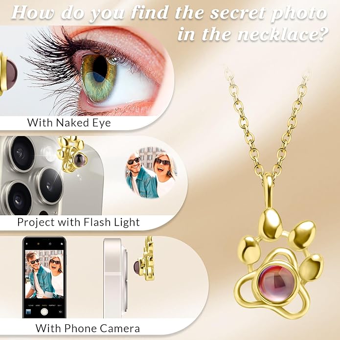 Personalized Picture Necklace with picture inside Custom Projection Necklace Cat/Dog Paw Print Pet Memorial Necklaces for Pet Lovers, Photo Gifts for Anniversary Dog Lovers