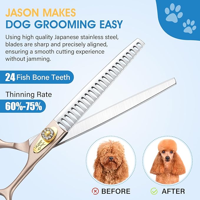 JASON 7.5" Dog Grooming Scissors - Professional Chunker Thinning Shear with with 24 Fishbone Teeth Japanese 440C Stainless Steel Hair Scissor with Diamond Screw for Dogs, Cats and Other Pets