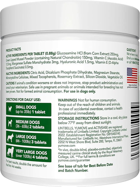 YuMOVE Hip & Joint Supplement for Dogs with Glucosamine, Hyaluronic Acid, Green Lipped Mussel & Omega 3 Joint Supplement - Regular and Advanced Strength (120ct, Chewable Tablets)