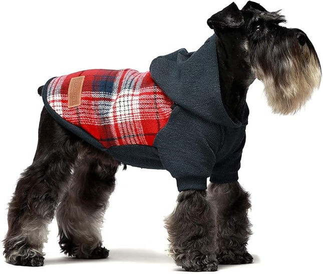 Fitwarm Tartan Plaid Dog Hoodie, Knitted Dog Clothes for Small Dogs Boy, Pet Sweater with Hood, Cat Fleece Lined Winter Outfit, Red, Navy Blue, Medium