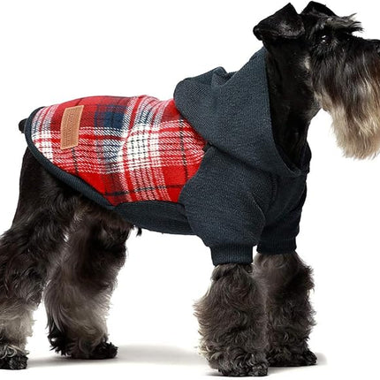 Fitwarm Tartan Plaid Dog Hoodie, Knitted Dog Clothes for Small Dogs Boy, Pet Sweater with Hood, Cat Fleece Lined Winter Outfit, Red, Navy Blue, Small
