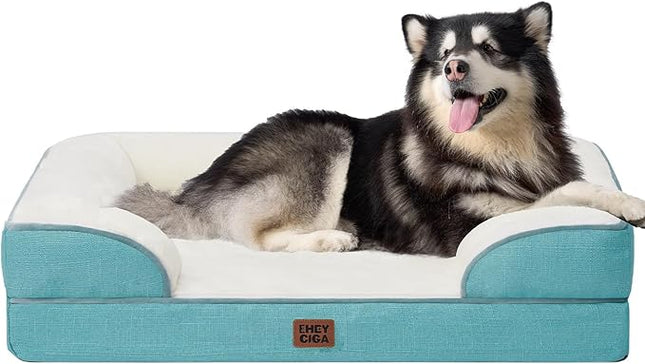 EHEYCIGA Orthopedic XL Dog Beds, Waterproof Memory Foam Dog Bed for Extra Large Dogs, Non-Slip Bottom and Egg-Crate Foam Big Pet Couch Bed with Washable Removable Cover, Turquoise Blue