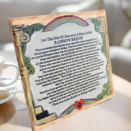 Pet Memorial Plaque - The Rainbow Bridge Story - Desktop Keepsake Remembrance Plaque for The Loss of a Dog or Cat - Measures 6 1/4" X 6 1/4" and has an Easel Back.