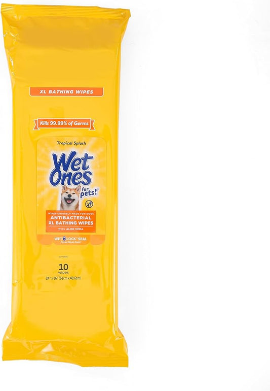 Wet Ones for Pets Multipurpose Dog Wipes with Aloe Vera, Tropical Splash Scent - Extra Large Pet Bathing Wipes with Wet Lock Seal for Dog Paws & All Over Use, 10 Count