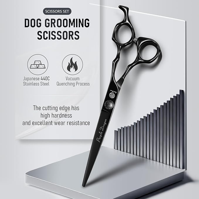 Purple Dragon Dog Grooming Scissors Set - Curved Thinning, Straight, Up & Down Curved Scissors and Comb, 7 Inch Black Shears with Adjustable Screw for Dogs and Cats