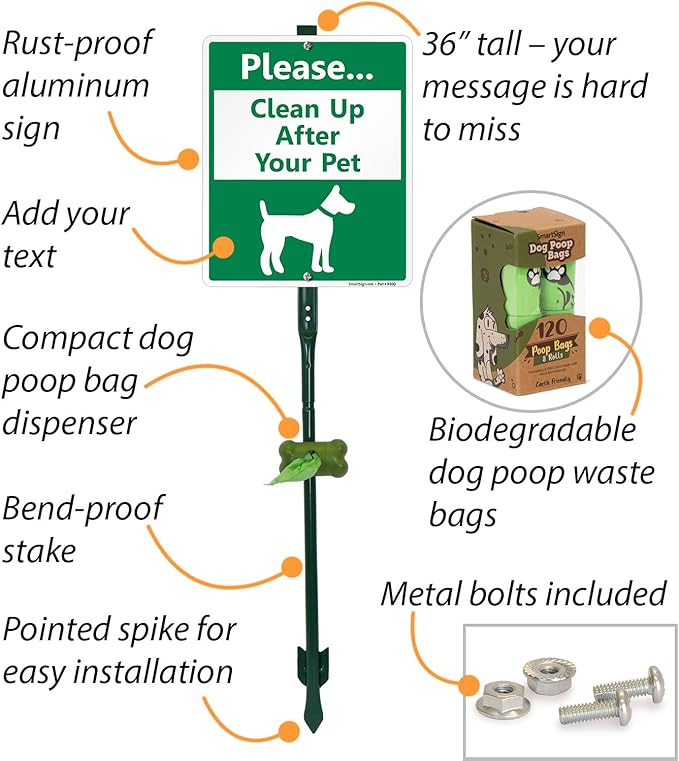 SmartSign Please Clean Up After Your Pet Yard Sign & Clip-On Preloaded Dispenser Combo/Kit with 135 Dog Poop Waste Bags, 10"x12" Rust-proof Aluminum Sign with 3ft Steel Stake