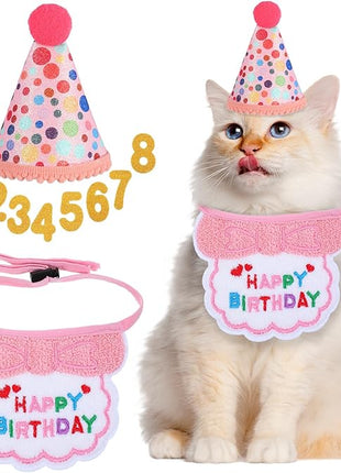 Cat Birthday Party Supplies Adjustable Pink Cat Birthday Hat with Number and Kitten Bandana Outfits Set for Girl Cats Party Decorations for 0-9 Years Cats