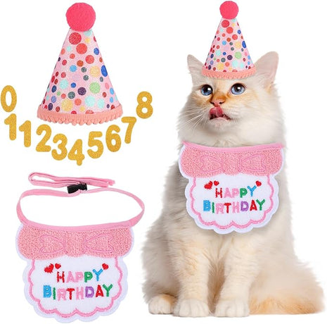 Cat Birthday Party Supplies Adjustable Pink Cat Birthday Hat with Number and Kitten Bandana Outfits Set for Girl Cats Party Decorations for 0-9 Years Cats