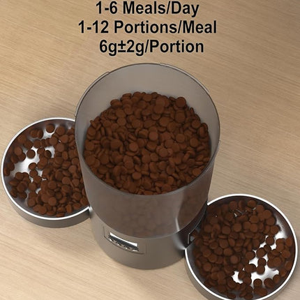 Automatic Cat Feeder for 2 Cats, 4.2L Dual Food Dispenser, Up to 6 Meals/Day, Portion Control, Voice Message, Dual Power Options (Transparent+Black, Dual Stainless Steel Bowls)