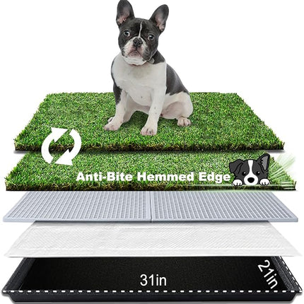 HQ4us Dog Grass Pad with Tray Medium 31”×21” Dog Litter Box Toilet with 2×Artificial Grass for Dogs with Hemmed Edge, Pee Pads for Dogs, Realistic, Less Stink, Potty for Balcony