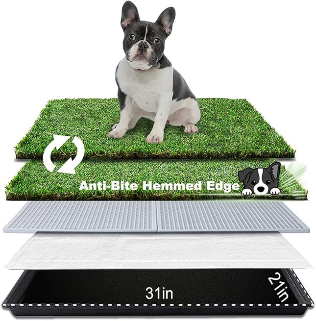 HQ4us Dog Grass Pad with Tray Medium 31”×21” Dog Litter Box Toilet with 2×Artificial Grass for Dogs with Hemmed Edge, Pee Pads for Dogs, Realistic, Less Stink, Potty for Balcony