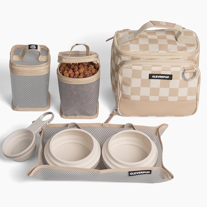 Small 7-Piece Bistro Box Dog Food Travel Kit, 6-Cup Kibble Storage, 2 Silicone Bowls, Mat & Scoop - Premium Portable Pet Food Kit for Weekends, Overnights, Daycare & Camping, Checkerboard
