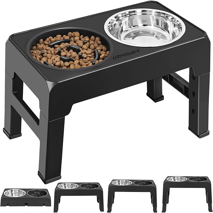 URPOWER Raised Slow Feeder Dog Bowls 4 Height Adjustable Elevated Bowl Stand with Stainless Steel Water Bowl and Slow Feeder Non-Slip Dog Food Bowls Stand for Small Medium Large Dogs and Pets