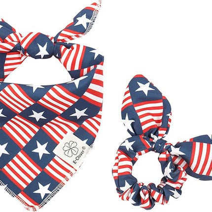 E-Clover 4th of July Dog Bandanas & Matching Scrunchie Set American Flag Dog Scarf Washable Patriotic Pet Bandana Kerchief Bibs for Medium Large Dogs Owner Gifts