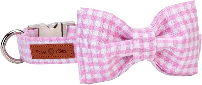 Lionet Paws Dog Collar with Bowtie, Comfortable Adjustable Cute Pink Gingham Bow Tie Collar for Female Dogs Gift, Medium, Neck 13.5-22 inches