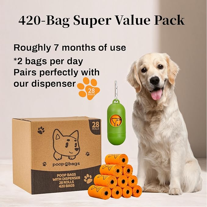 420 Counts Dog Poop Bags Rolls with Dispenser & Leash Clip, Scented Poop Bags for Dogs Waste, Extra Thick & Leak Proof for Poop Doggie Puppy Pet Waste, 9" x 13", Orange