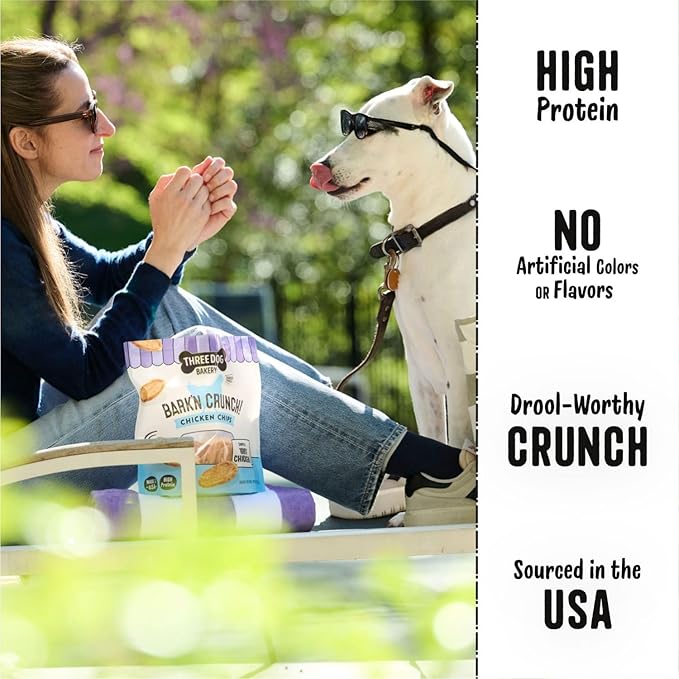 Three Dog Bakery Bark’N Crunch! Chicken Chips, Medium 8oz, Crunchy Dog Treats, Single Ingredient, High Protein Snacks, Chicken Treats, Low Calorie Healthy Training Treat, Made in The USA