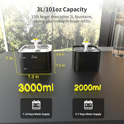 Crystal Cat Water Fountain Stainless Steel with 4 Filters and 4 Sponges, 101oz/3L Pet Fountain with LED Light for Cats and Dogs (Black)