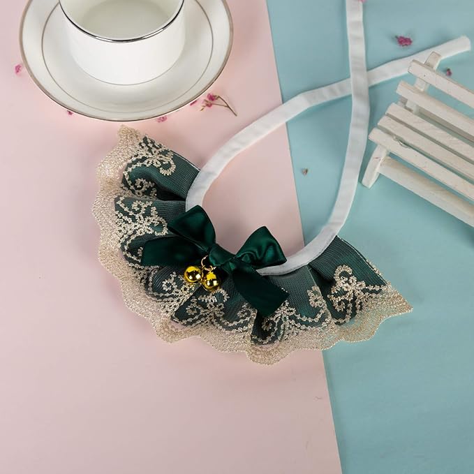 2PCS Dog Cat Collar with Bell Bow Lace Pet Bib Cute Scarfs Necklace Neck Strap for Pet Costume Supplies Dark Green