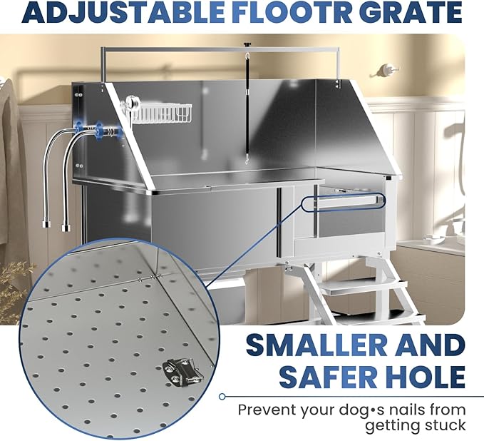 46" Dog Washing Station for Home,Stainless Steel Professional Dog Bathing Station Height Adjustable D og Grooming Tub Ramp, Drawer, Floor Grate & Fauct (R Stair)