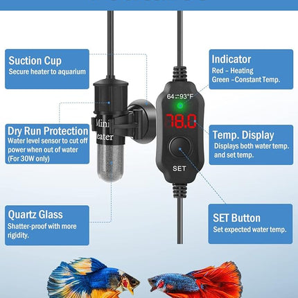 AquaMiracle Adjustable 30W Small Aquarium Heater Submersible Fish Tank Heater Betta Heater Turtle Heater Super Mini Aquarium Heater with Digital Display Thermostat, for 4-6 Gallon Tanks