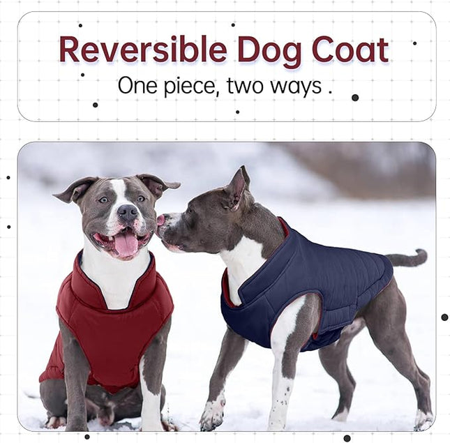 Lelepet Reversible Dog Coat Waterproof Dog Jacket Windproof Puffer Vest for Winter Warm Lightweight Coats for Large Dogs Adjustbale Hook & Loop Pet Apparel with Leash Hole, Pitbull, Wine Red, XL
