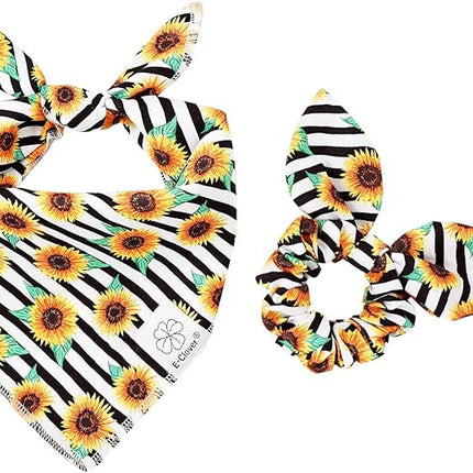 E-Clover Dog Bandanas & Matching Scrunchie Set Sunflower Dog Bandana Scarf Bibs for Medium Large Dogs Girl Pet Owner Birthday Gift Stripe
