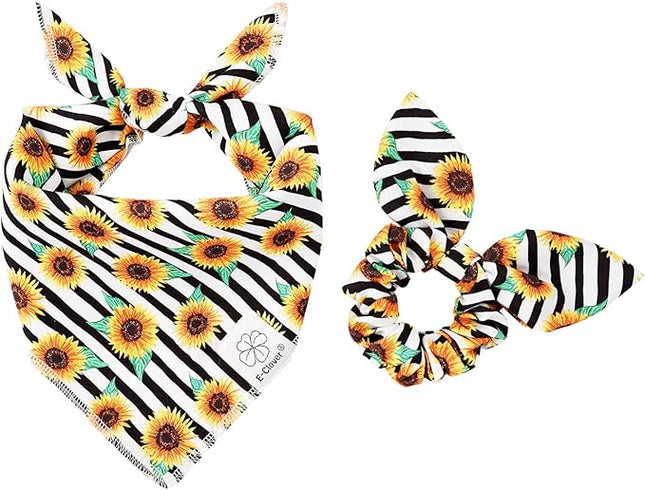 E-Clover Dog Bandanas & Matching Scrunchie Set Sunflower Dog Bandana Scarf Bibs for Medium Large Dogs Girl Pet Owner Birthday Gift Stripe