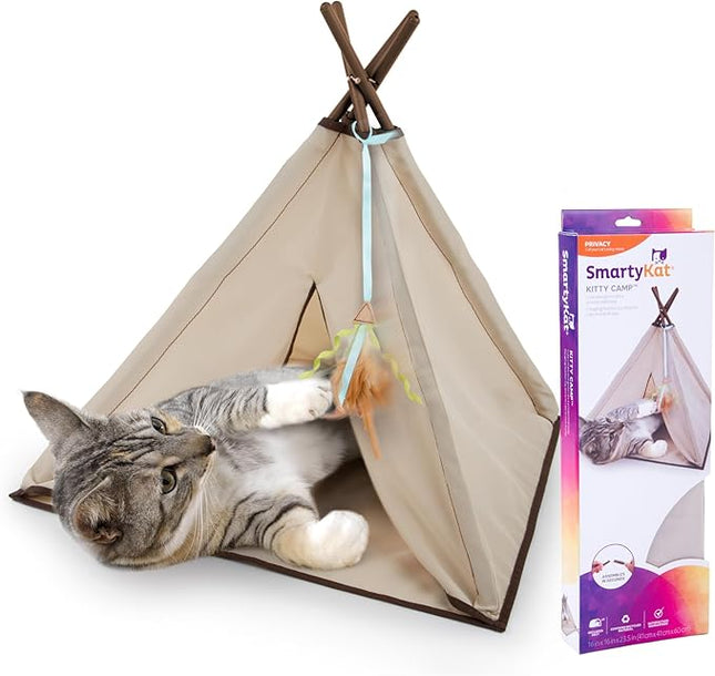 SmartyKat Kitty Camp Crinkle Cat Tent Hideaway, Collapsible Tent with Detachable Feather Toy for Privacy & Play for Cats & Kittens, Beige, One Size