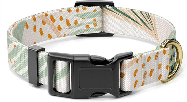 Rnivvi Dog Collar for Medium Dogs, Cute Boho Heavy Duty Adjustable Puppy Collar with Quick Release Buckle for Girl & Female, Pet Accessories for Walking Running, M Length 1" Width, Tropical Leaves