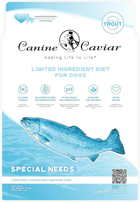 Canine Caviar - Special Needs: Trout & Whole Ground Oats, Alkaline Dry Dog Food, Limited Ingredients, Gluten-Free, Based on Science & Research, Veterinary Alternative Diet (11 Pound Bag)
