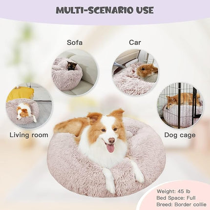 Himax Dog Beds for Large Dogs, Donut Dogs Beds with Blanket Attached, Calming Dog Bed Washable (20"/26"/35") Beige