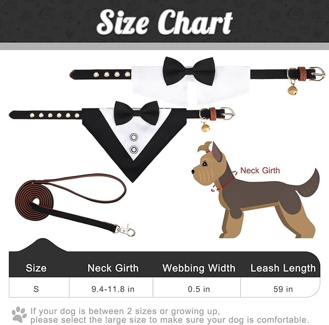 EXPAWLORER Dog Collar and Leash Set - Dog Tuxedo Wedding Outfit Puppy Collar with Suit and Tie, Cute Ring Bearer in Tux Bow and Bandana Design, Proposal Costume for Small Pets