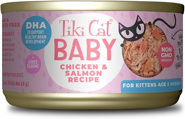 Tiki Cat Baby, Chicken & Salmon, High-Protein and 100% Non-GMO Ingredients, Wet Cat Food for Kittens 8 Weeks+, 2.4 oz. Can (12 Count)