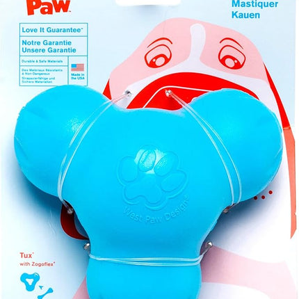 WEST PAW Zogoflex Tux Treat Dispensing Dog Chew Toy – Interactive Chewing Toy for Dogs – Dog Games for Aggressive Chewers, Fetch, Catch – Holds Kibble, Treats, Small 4", Aqua Blue
