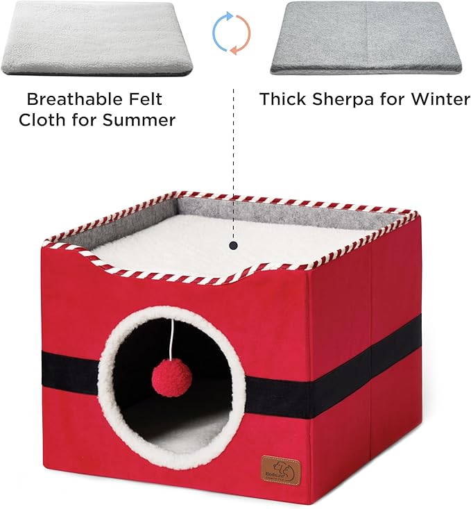 Bedsure Cat Beds for Indoor Cats - Large Cat Cave for Pet Cat House with Fluffy Ball Hanging and Scratch Pad, Foldable Cat Hideaway, 16.5x16.5x13 inches,Red
