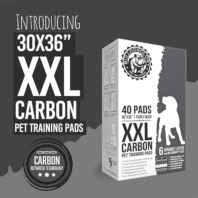 Bulldogology Charcoal XXL Pee Pads for Dogs (30x36) Puppy Pee Pads with Adhesive Sticky Tape - Leak Proof Charcoal Puppy Pads - Ultra Absorbing Charcoal Dog Pads - Activated Carbon Pee Pads (40-Count)
