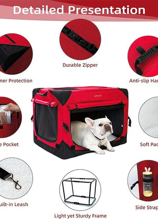 Pettycare 36 Inch Collapsible Dog Crate with Curtains Travel Dog Crate for Airflow and Calm Soft Pet Kennel with Portable Bag and More Chew Proof Mesh Indoor & Outdoor Red 4 Door Curtains