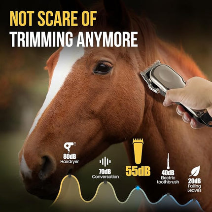 Horse Clippers Cordless Quiet, Professional Livestock Clippers with 4 Guide Guards, Electric Rechargeable Cordless Grooming Clippers for Horse, Cats and Dogs